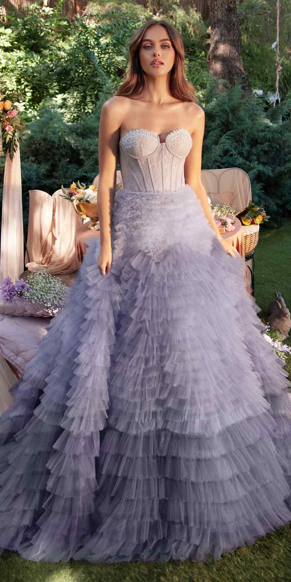 Sweetheart strapless tiered long formal dress with corset bodice and airy ruffled tiers
