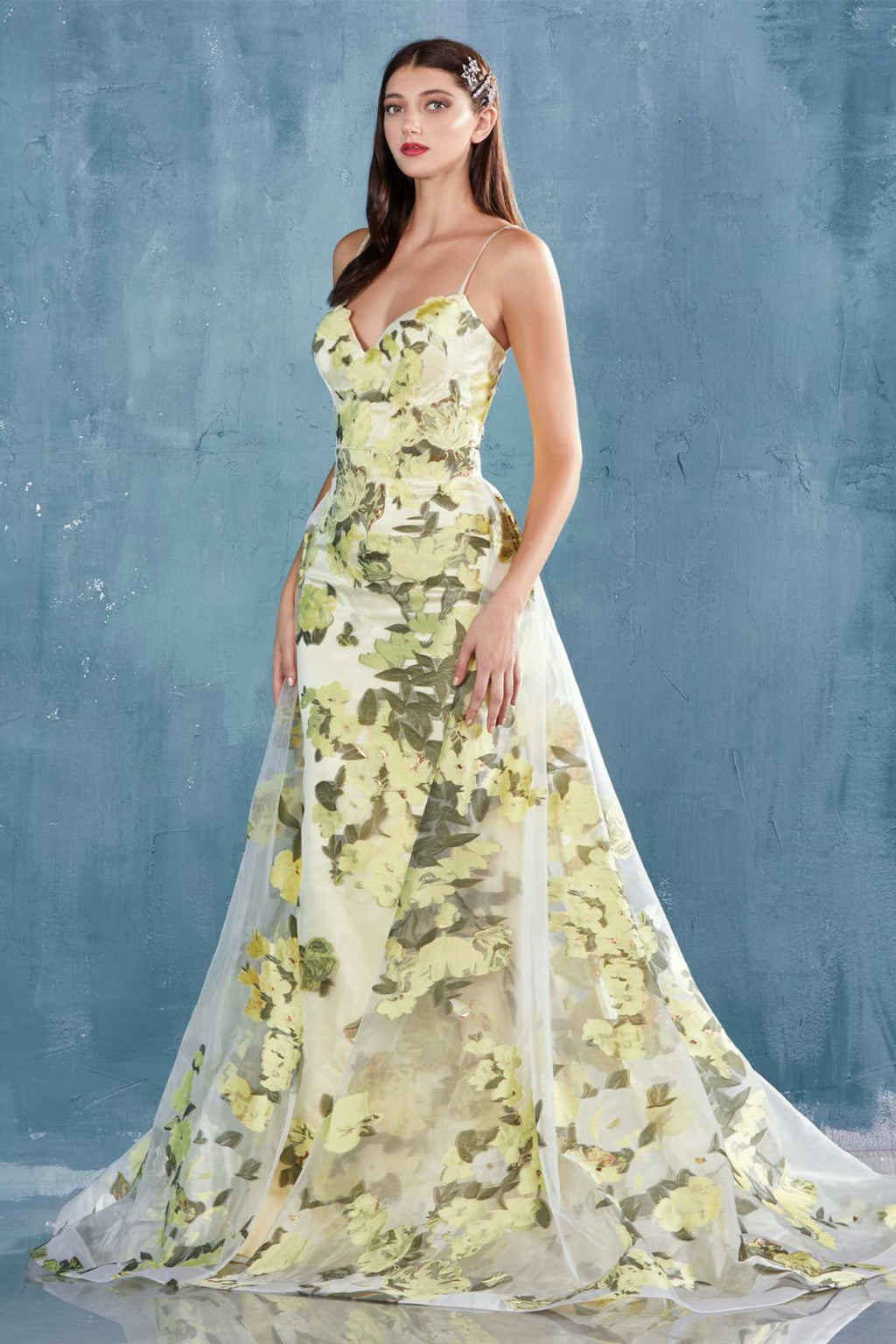 Lemon organza floral print formal sheath gown with spaghetti straps, full skirt
