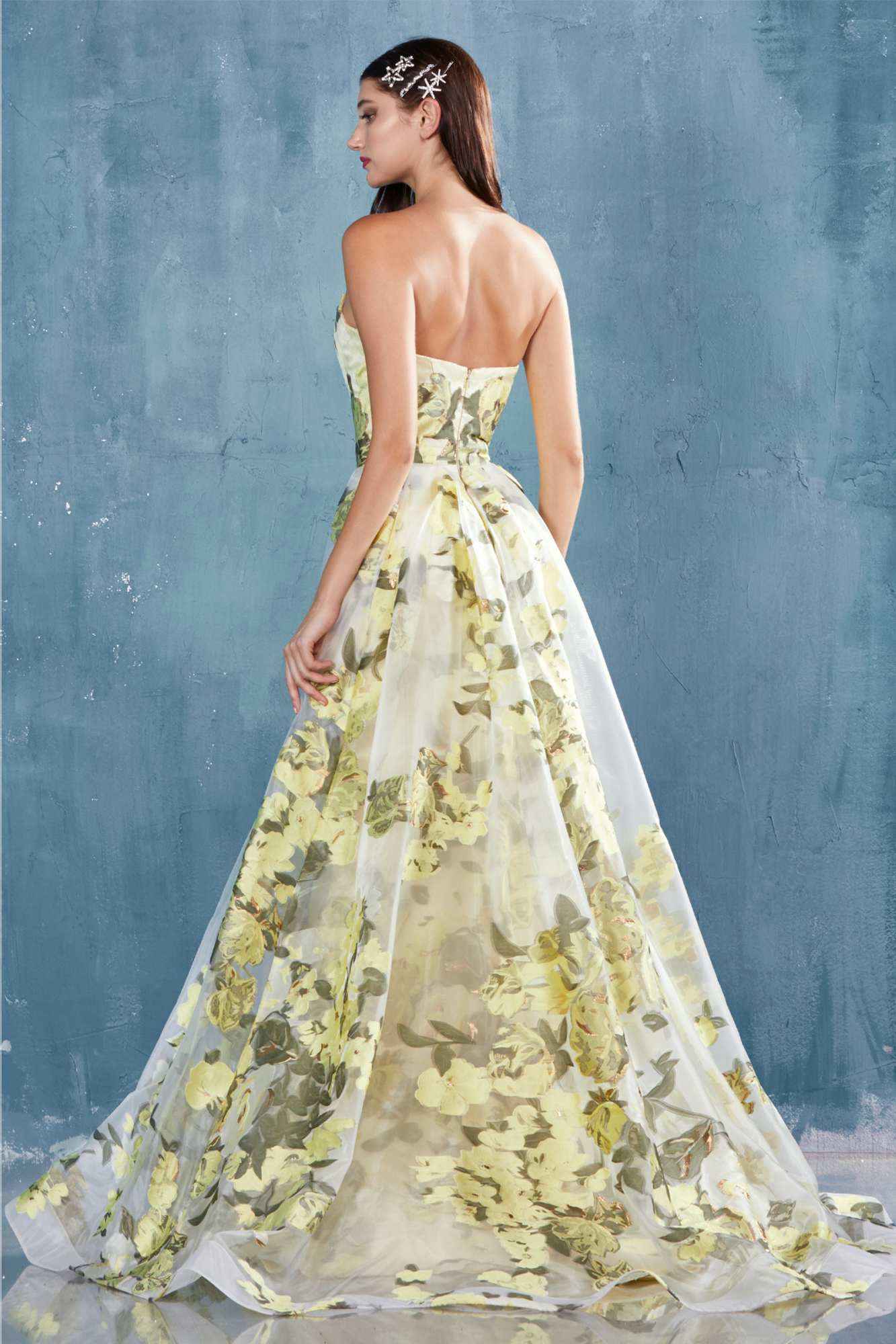 Lemon organza floral print formal gown with spaghetti straps, back view, floor length