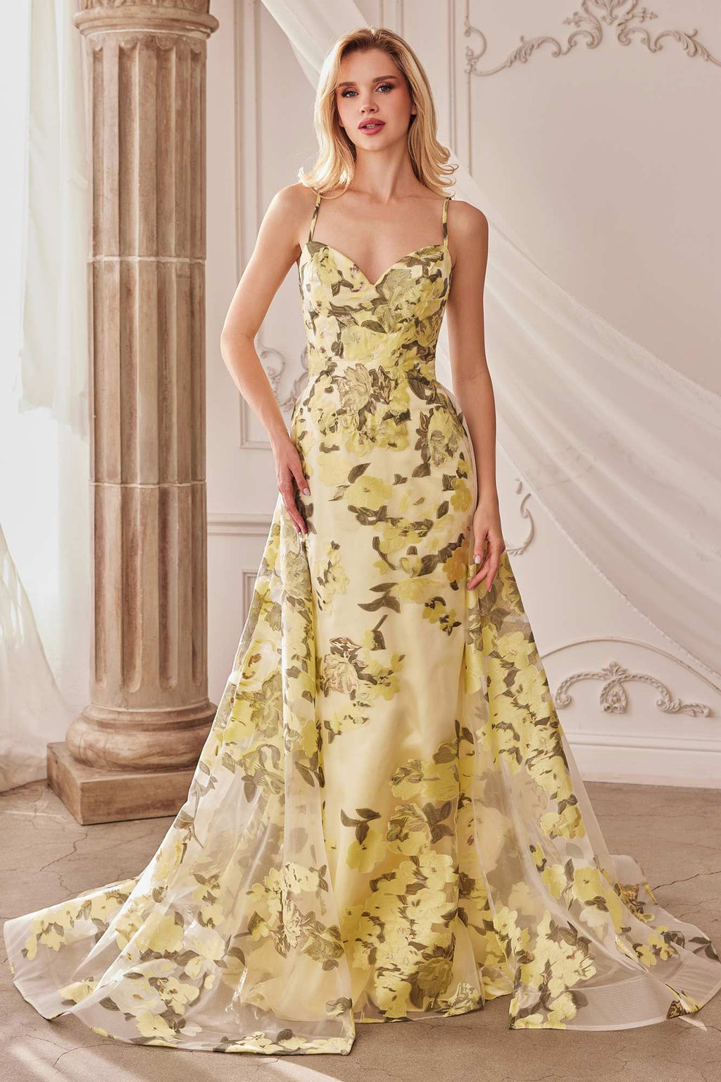 Lemon organza floral print formal gown with spaghetti straps, sweetheart neckline, floor length