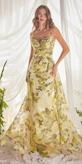 Lemon organza floral print formal sheath gown with spaghetti straps, floor length