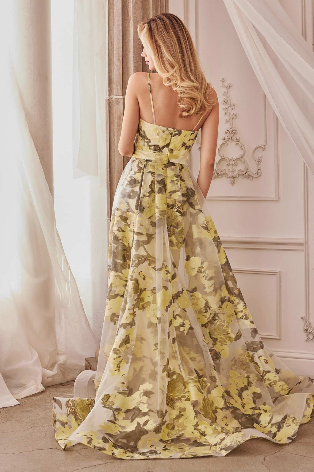 Lemon organza floral print formal gown with thin spaghetti straps, back view, floor length