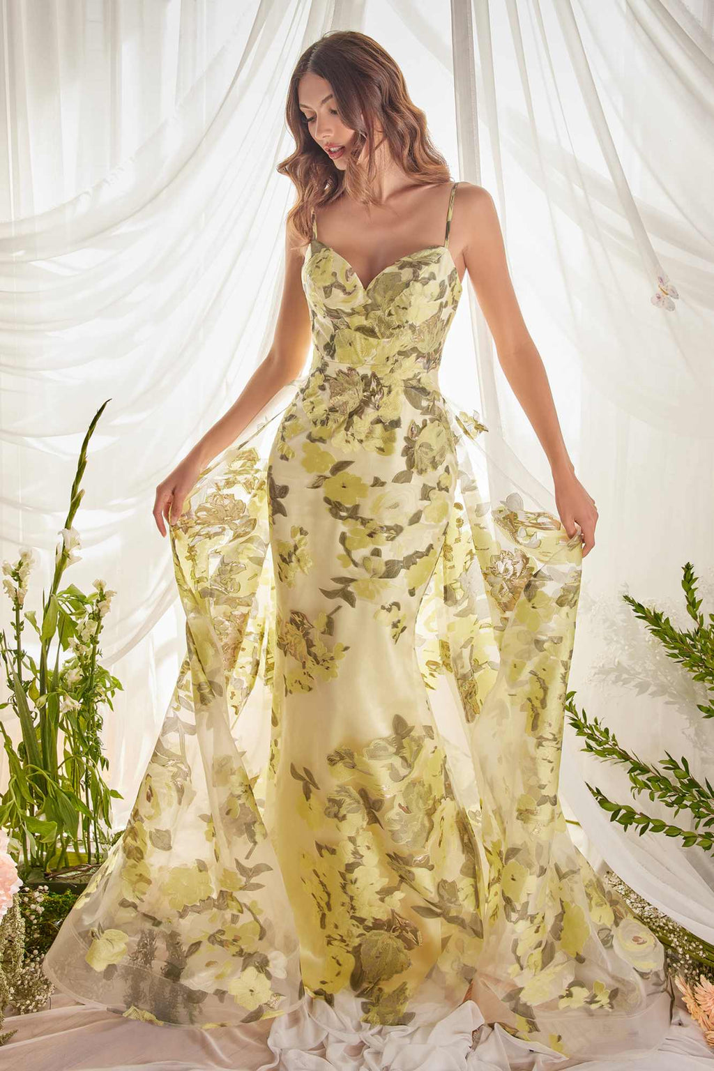 Lemon organza floral print sheath gown with spaghetti straps, full skirt, floor length