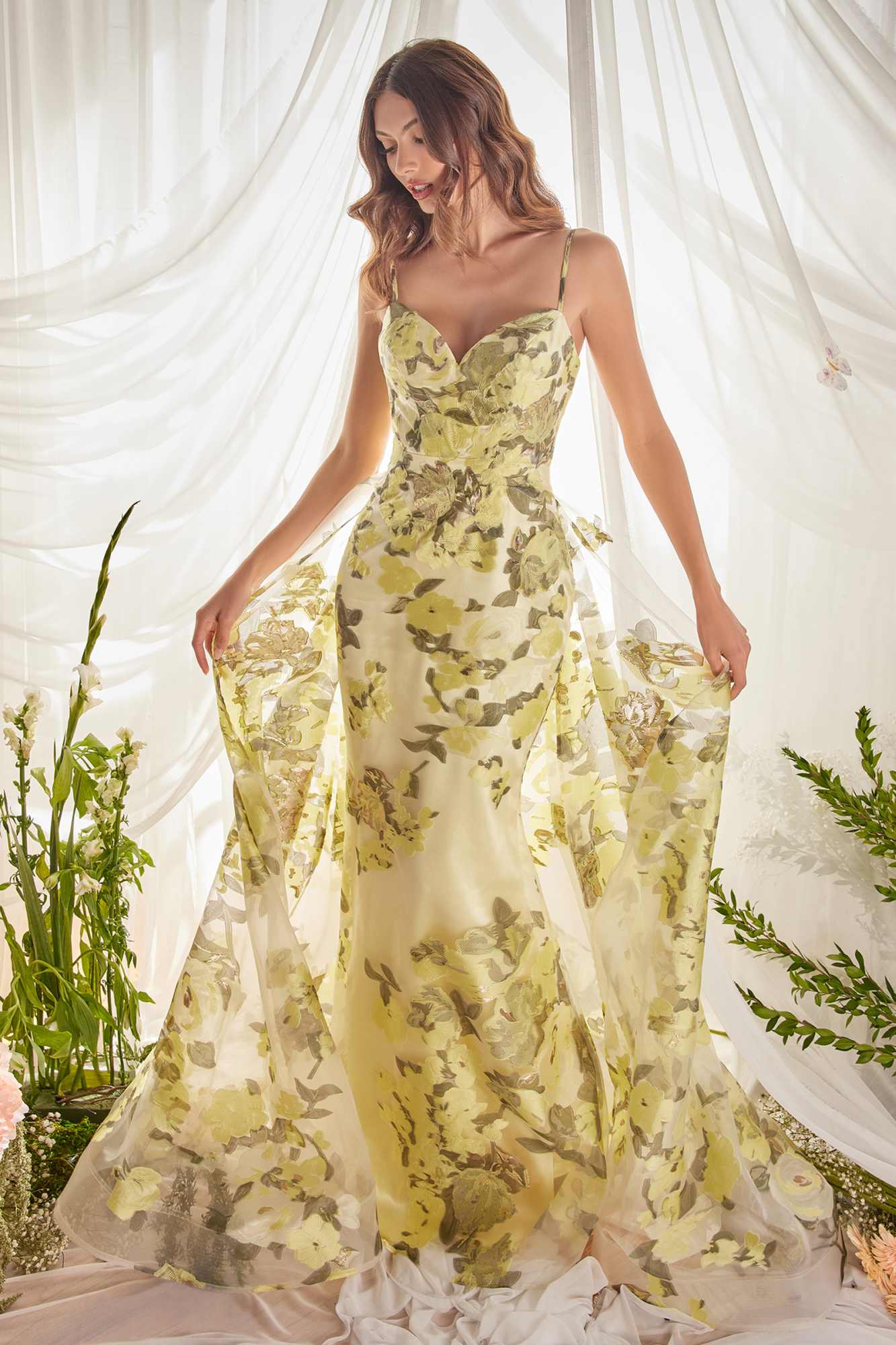 Lemon organza floral print sheath gown with spaghetti straps, full skirt, floor length