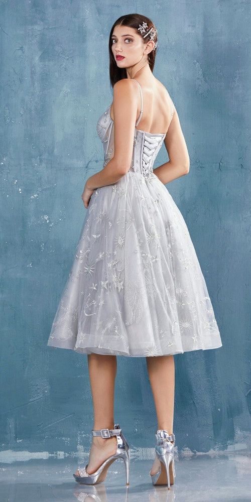 Silver short prom dress with illusion bodice and corset-style detail, A-line skirt