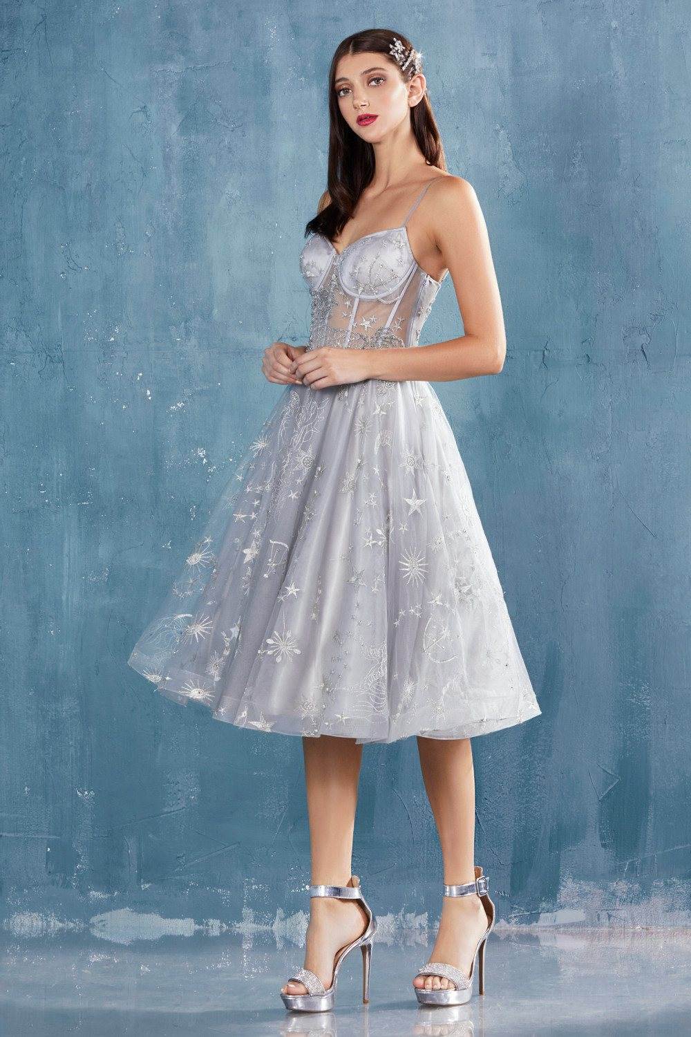 Silver short prom dress with illusion bodice and sparkly star applique A-line skirt