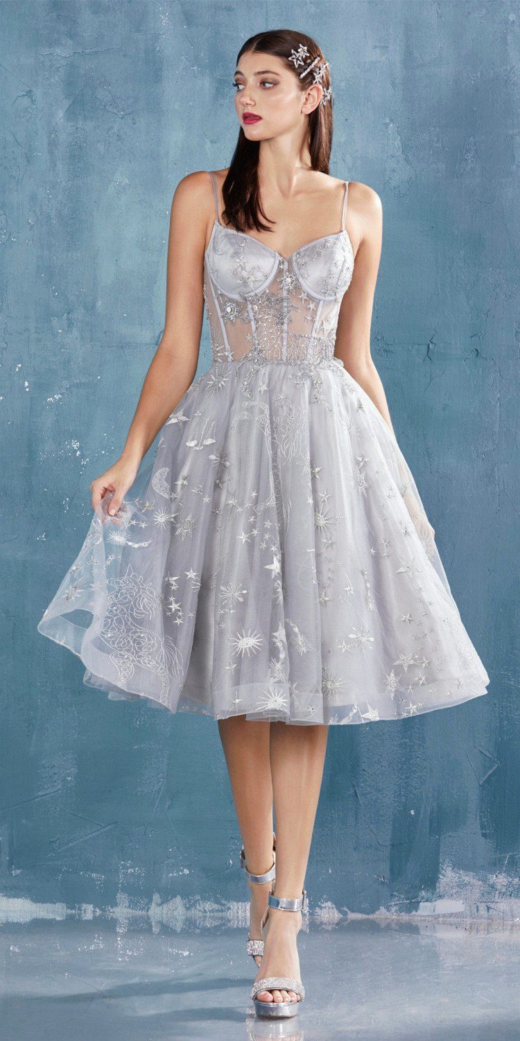 Silver short prom dress with illusion bodice and jeweled seams, full A-line tulle skirt
