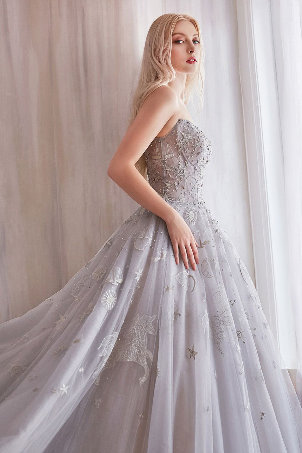 Light silver strapless long tulle dress with star embroidery on the bodice and skirt