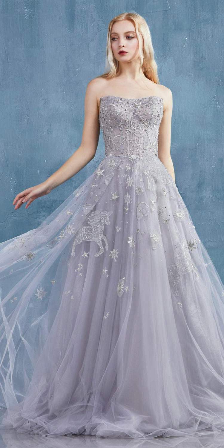 Strapless long tulle dress in light silver with glittery constellation star motifs