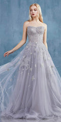 Strapless long tulle dress in light silver with glittery constellation star motifs