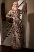 Long-sleeve evening gown with floral appliques, copper and green, full-length skirt