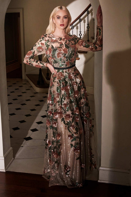 Long-sleeve evening gown with floral appliques, copper and green, full-length skirt
