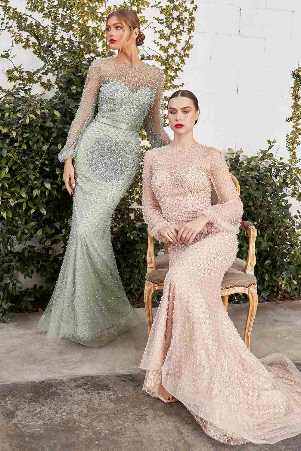 Pearl beaded long sleeve dress in pale green and blush-nude with flared skirts