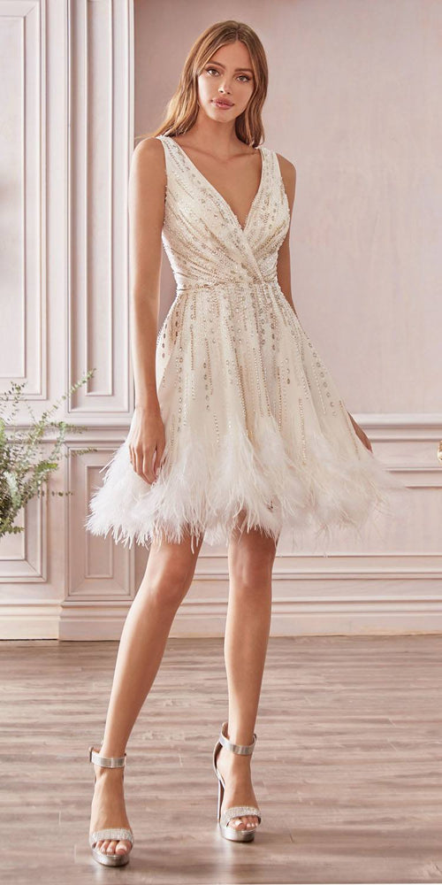 White cocktail dress with V-neck, sequined bodice and feather-trimmed flared skirt