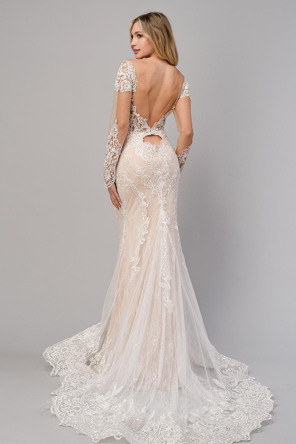 Off-white lace mermaid gown with V-back and short lace sleeves, long flowing hem