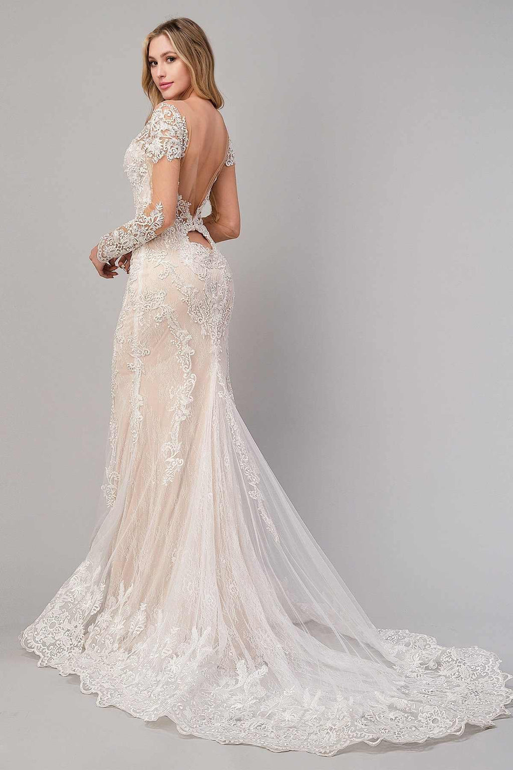 Off-white lace mermaid gown with illusion lace bodice and long flowing skirt