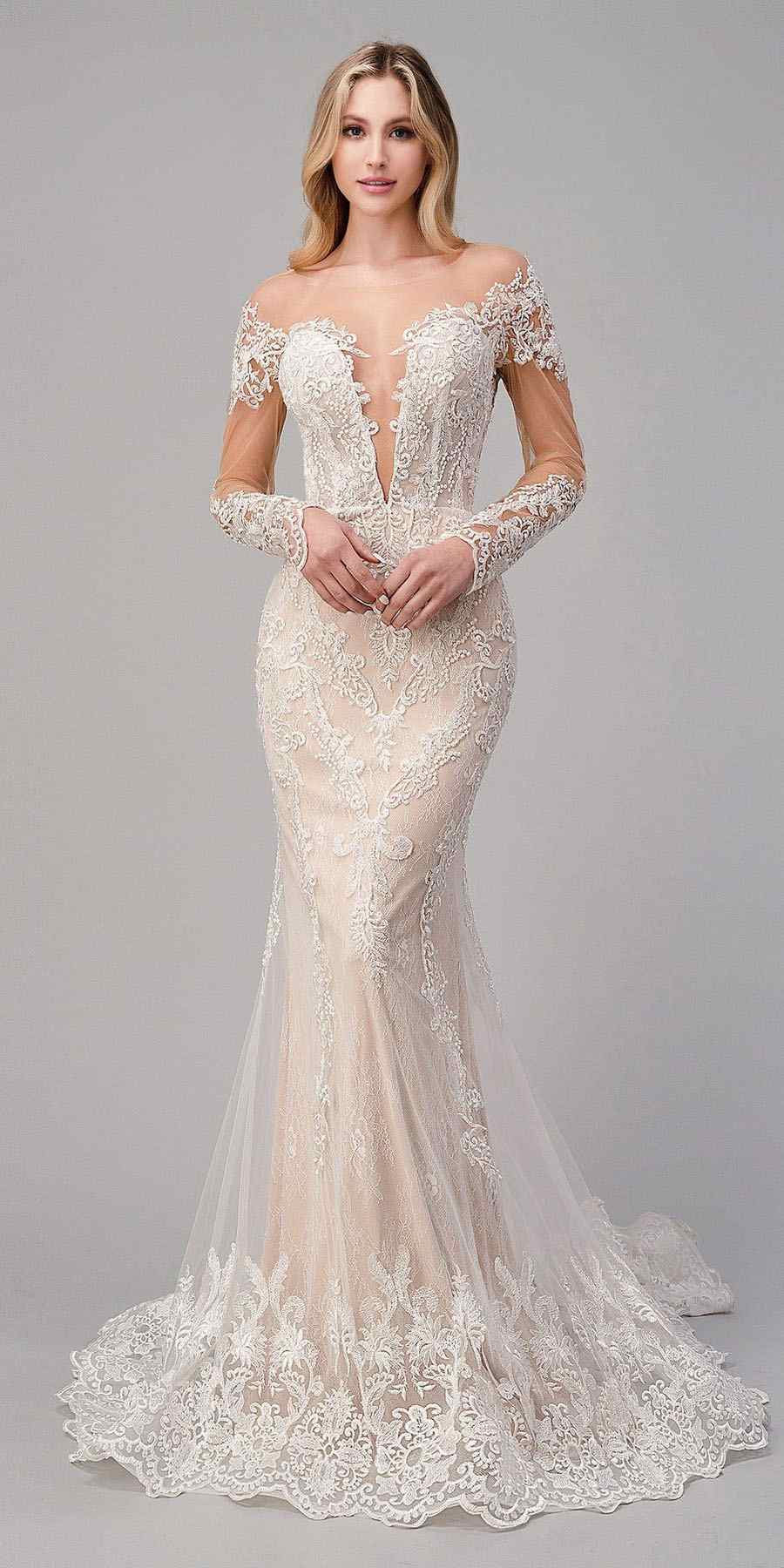 Off-white bohemian lace mermaid gown with long sheer sleeves and lace appliques