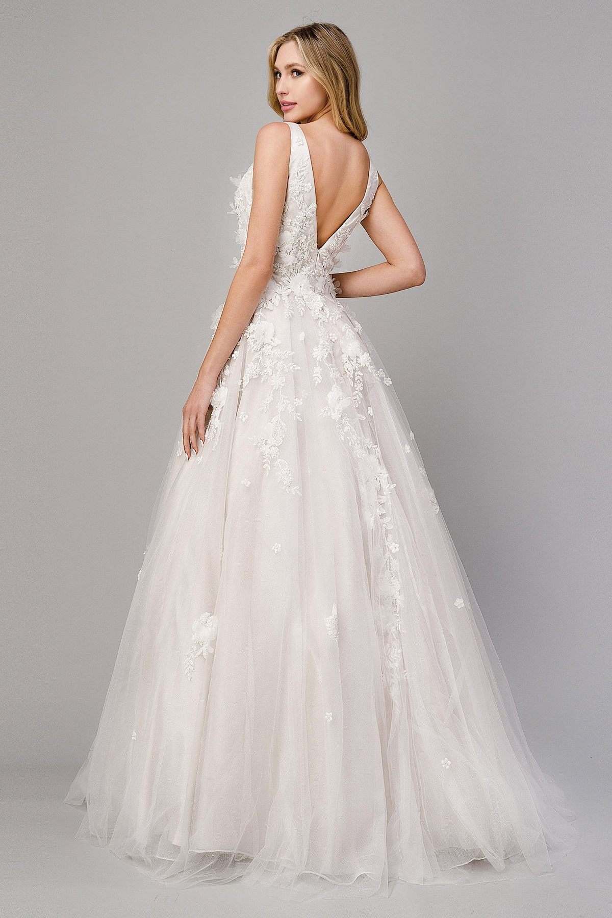 Ivory A-line wedding gown with open back and lace appliqué on sheer bodice