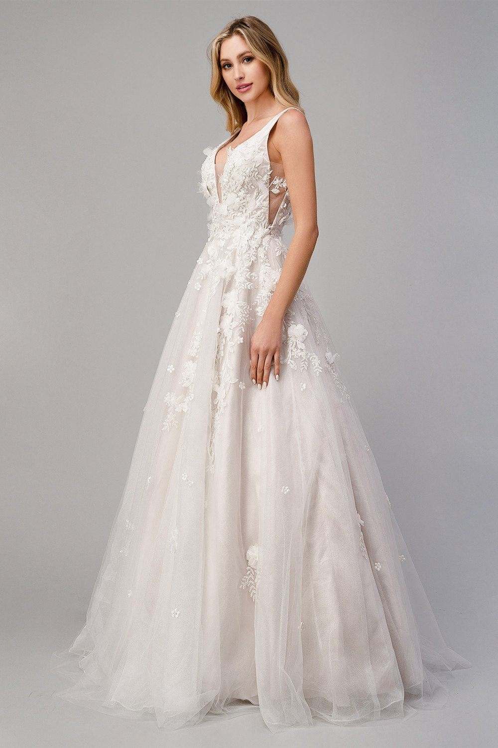 Ivory sleeveless A-line wedding gown with lace illusion V-neck and decorative appliqué