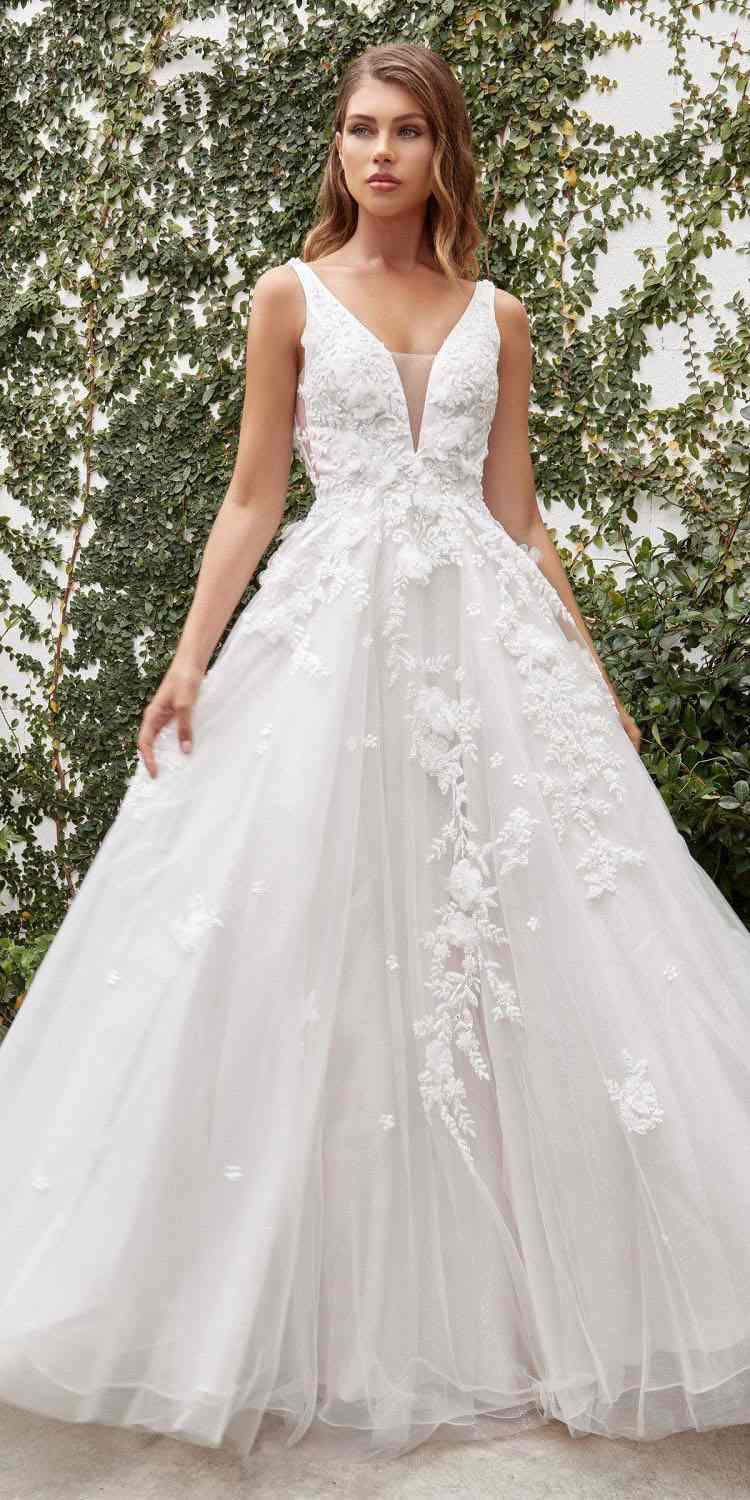 Ivory A-line wedding gown with deep V illusion neckline and lace floral bodice
