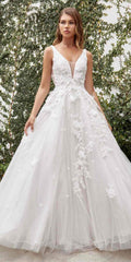 Ivory A-line wedding gown with deep V illusion neckline and lace floral bodice