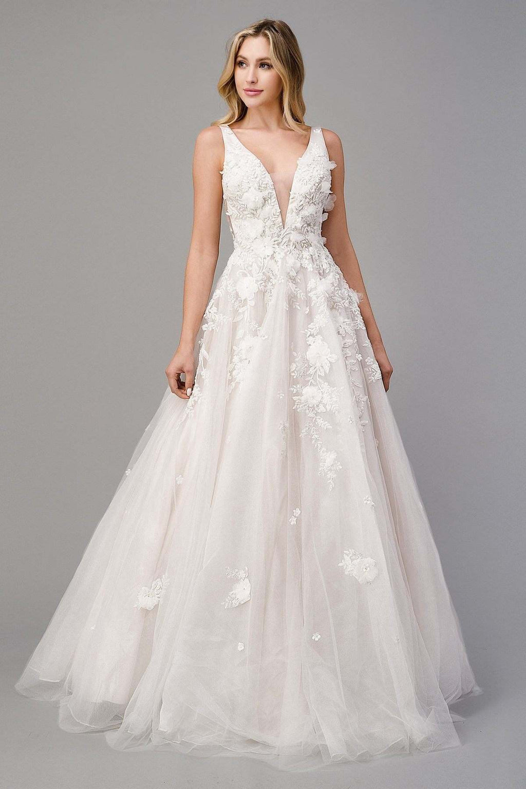 Ivory A-line wedding gown with sleeveless lace bodice and tiered tulle skirt