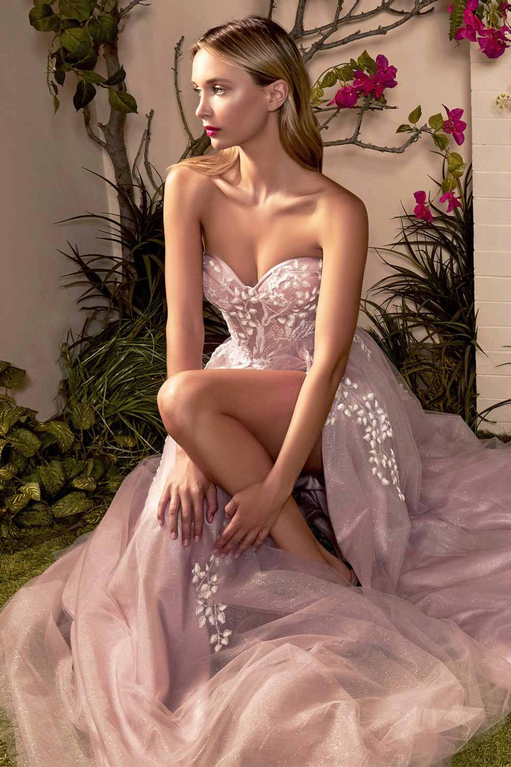 Light pink corset ballgown with sweetheart neckline and embroidered bodice