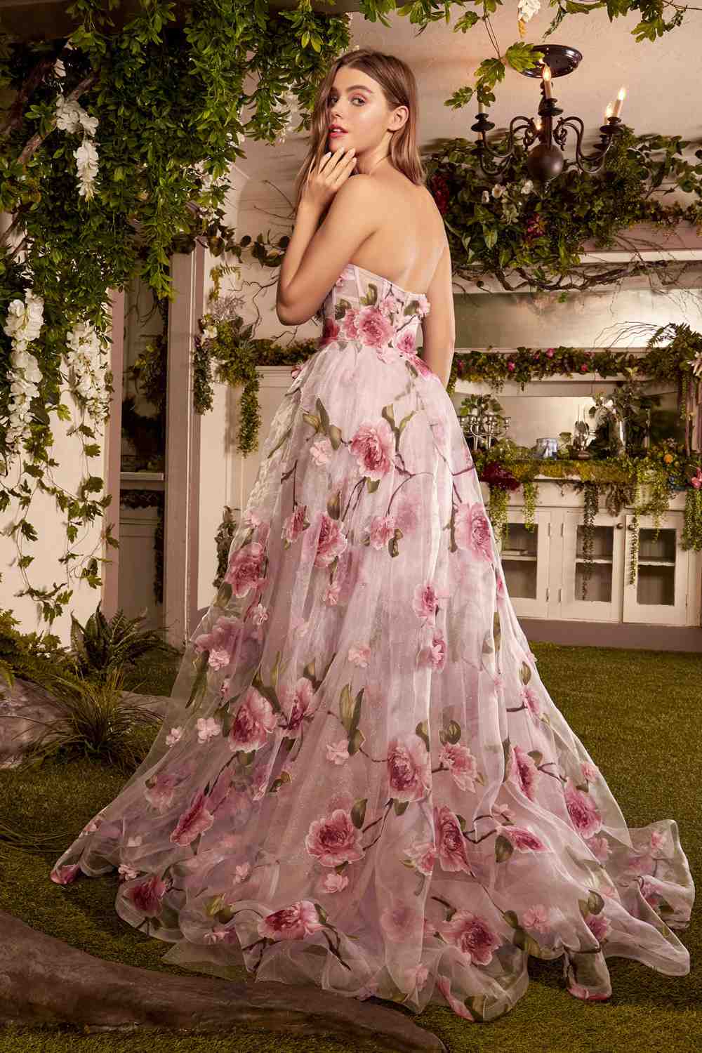 Strapless organza ball gown with pink rose floral print and full skirt