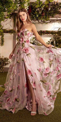 Strapless floral organza ball gown, fitted bodice and flowing tiered skirt
