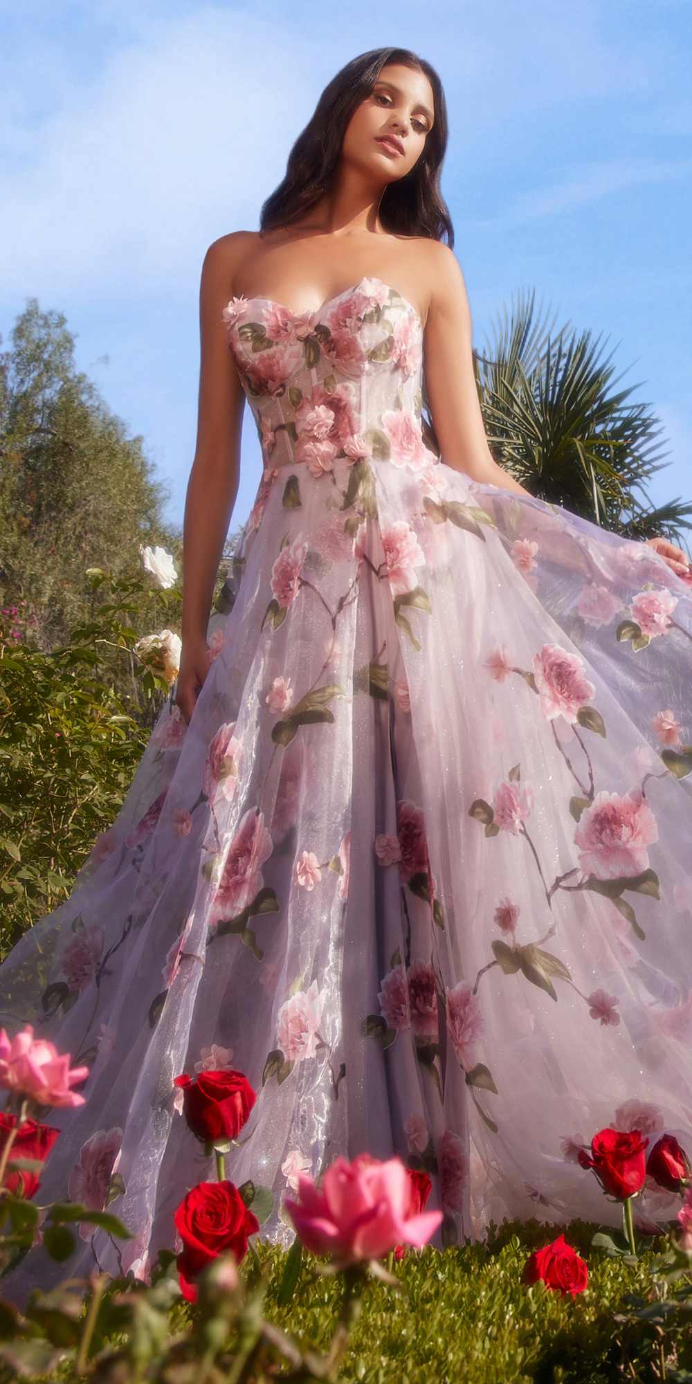 Strapless organza ball gown with pink floral print and layered tulle skirt