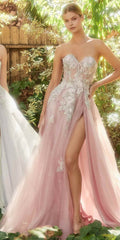 Blush strapless embellished gown with sweetheart neckline, floral applique, and high slit