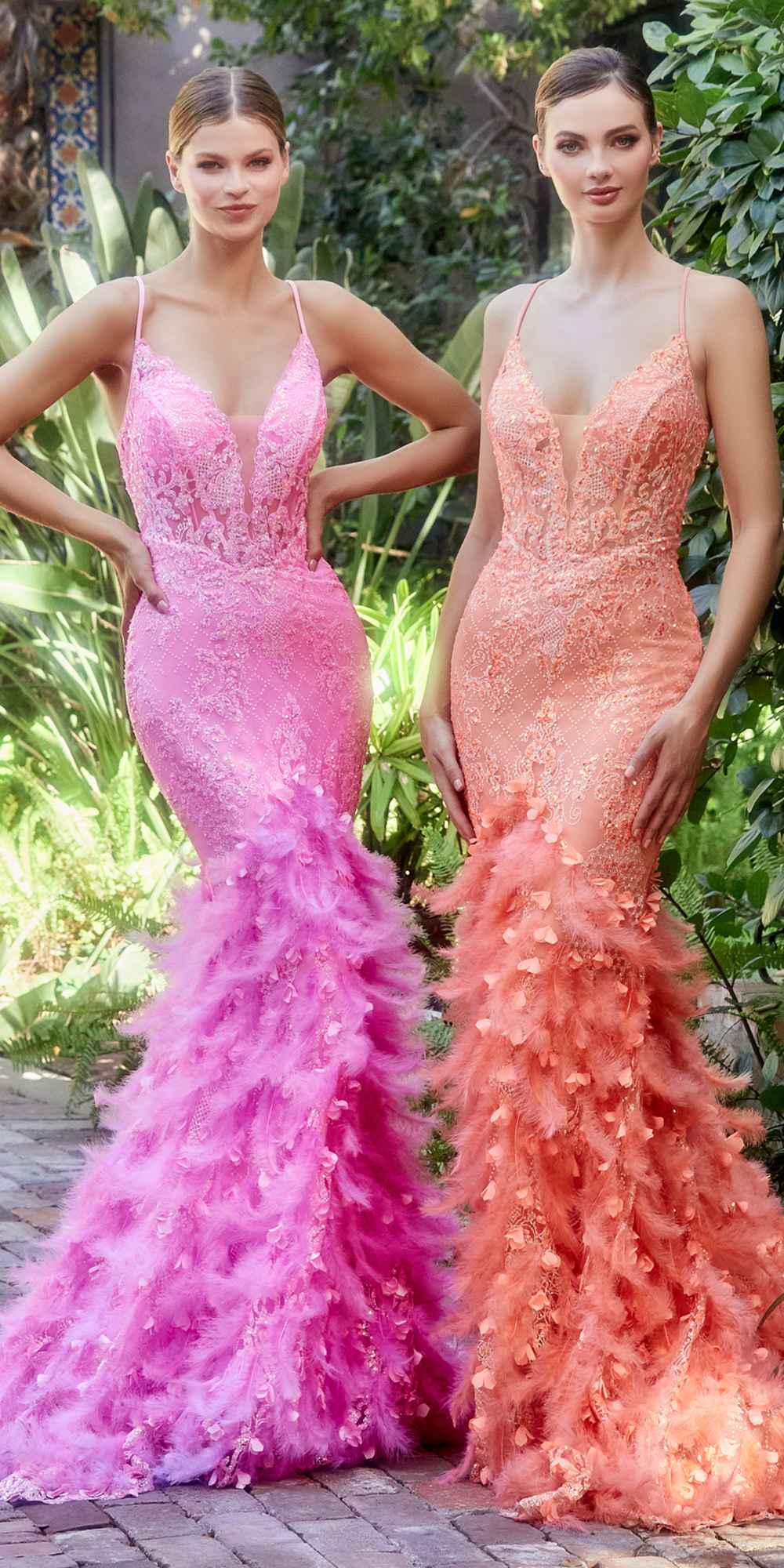 Orange feathered mermaid gown with V-neck, spaghetti straps, layered feather skirt.