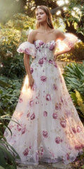 Strapless organza ball gown with pink and purple peony floral print, full skirt