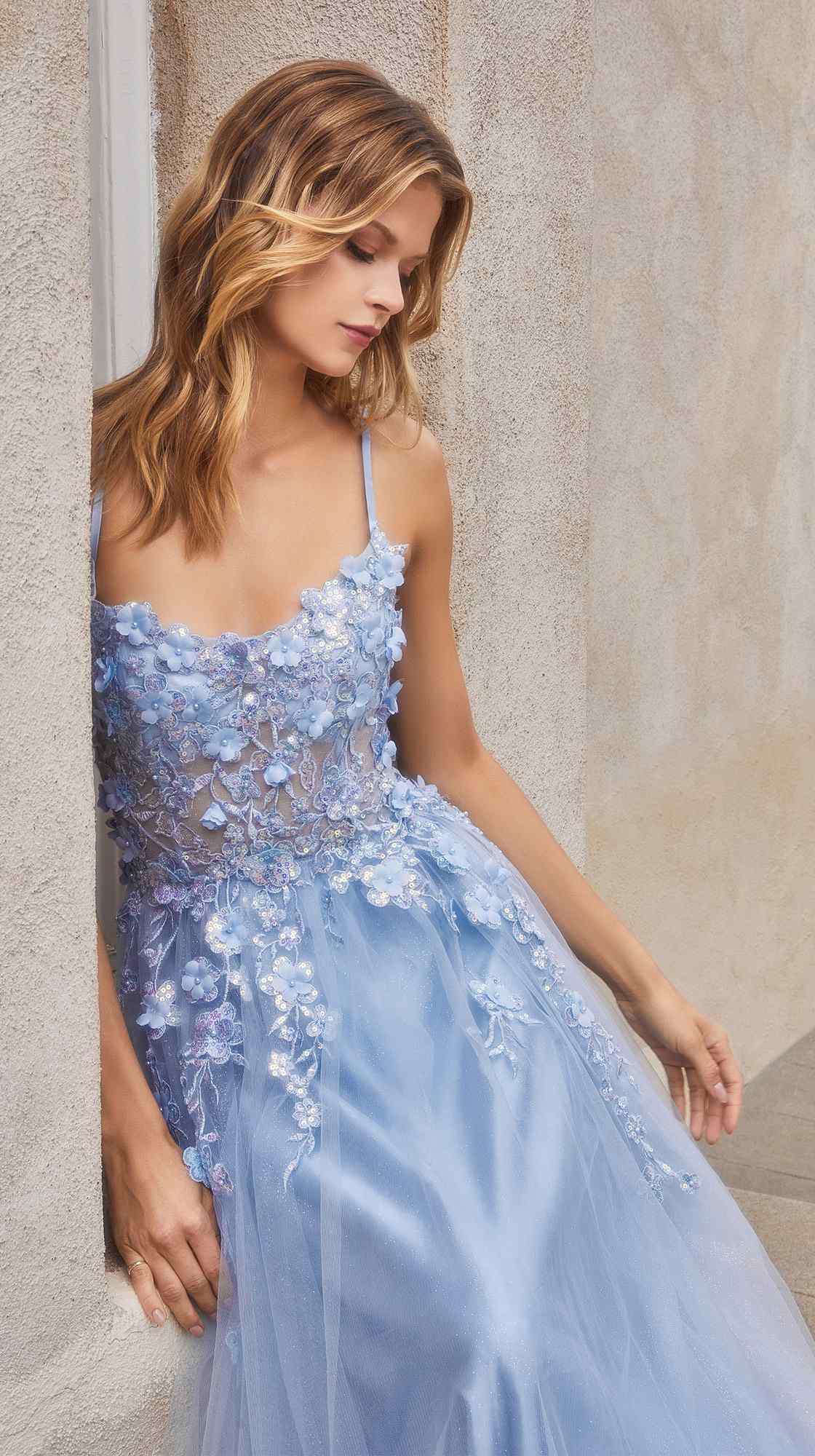Light blue tulle A-line gown with floral appliqué straps and fitted bodice