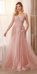 Dusty rose floral applique tulle A-line gown with spaghetti straps, floor length.
