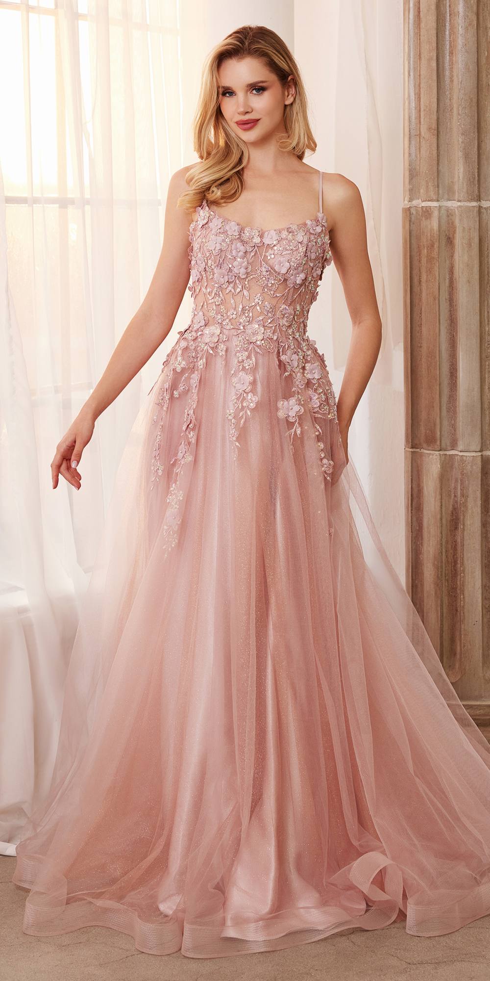Dusty rose floral applique tulle A-line gown with spaghetti straps, floor length.