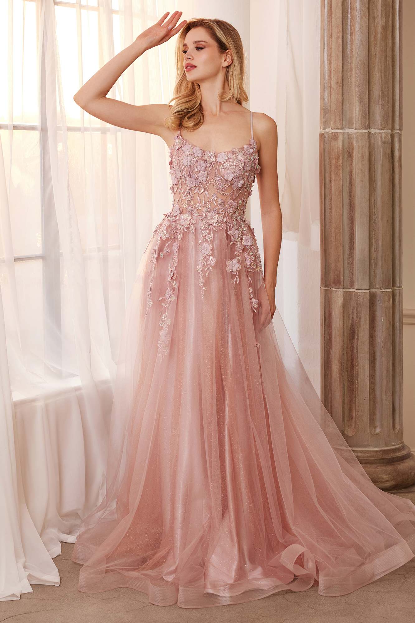 Dusty rose floral applique tulle A-line gown with spaghetti straps, full skirt.