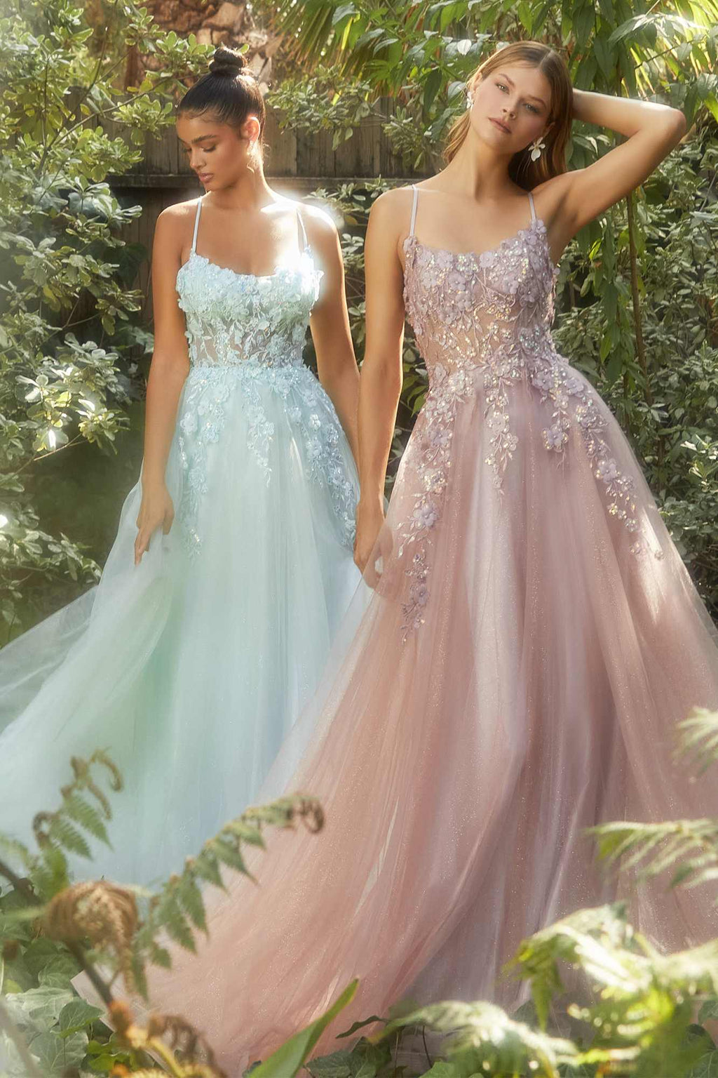 Light aqua and dusty rose floral applique tulle A-line gowns with thin straps.