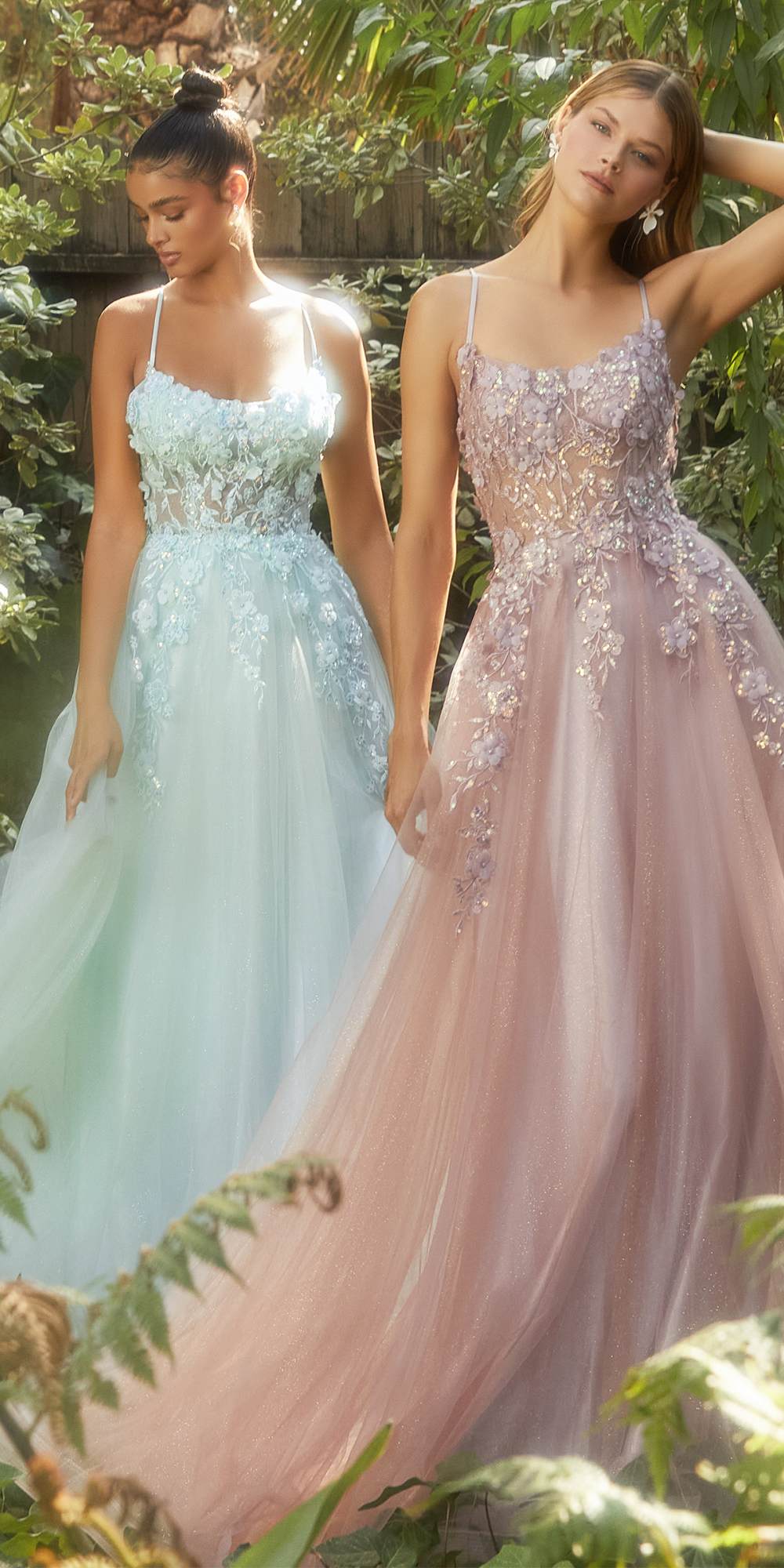 Light aqua and dusty rose floral applique tulle A-line gowns with thin straps.