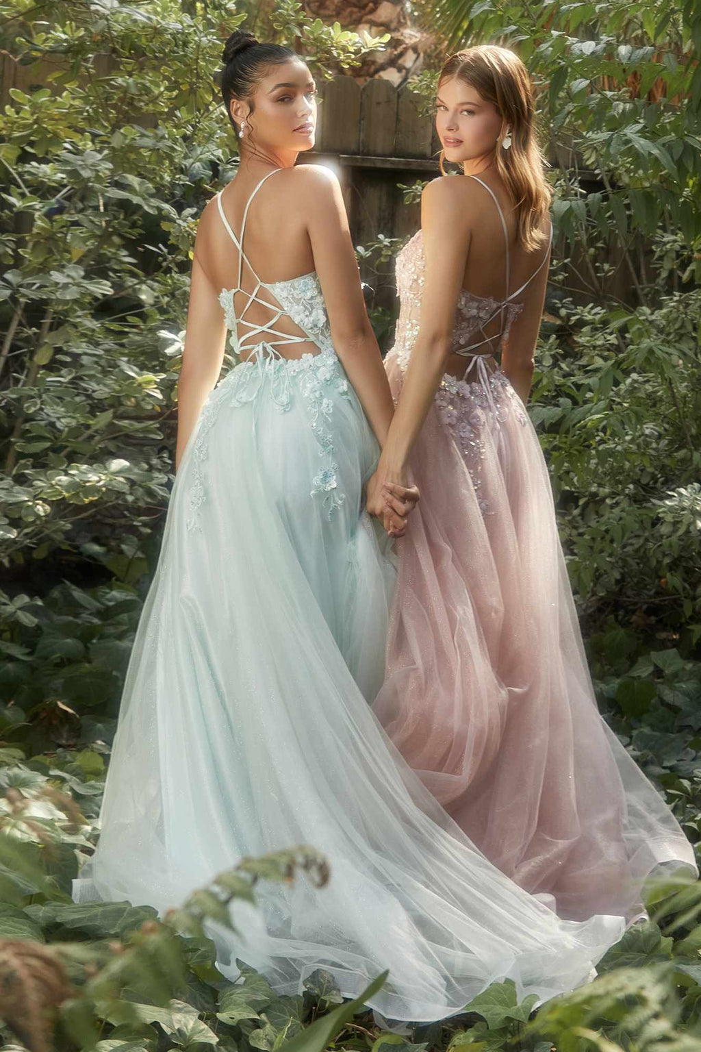 Backless light aqua and dusty rose floral applique tulle A-line gowns with straps.