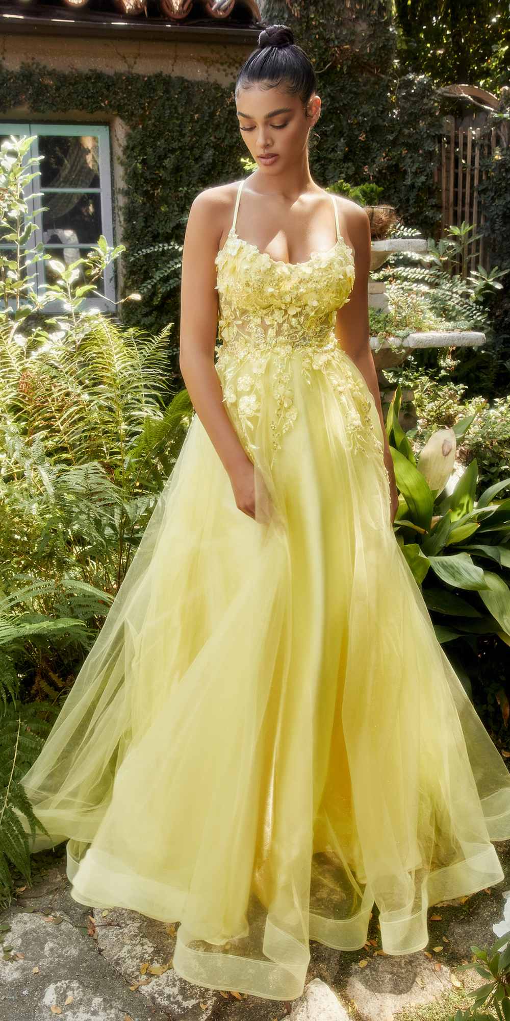 Lemon yellow floral applique tulle A-line gown with spaghetti straps, full skirt.