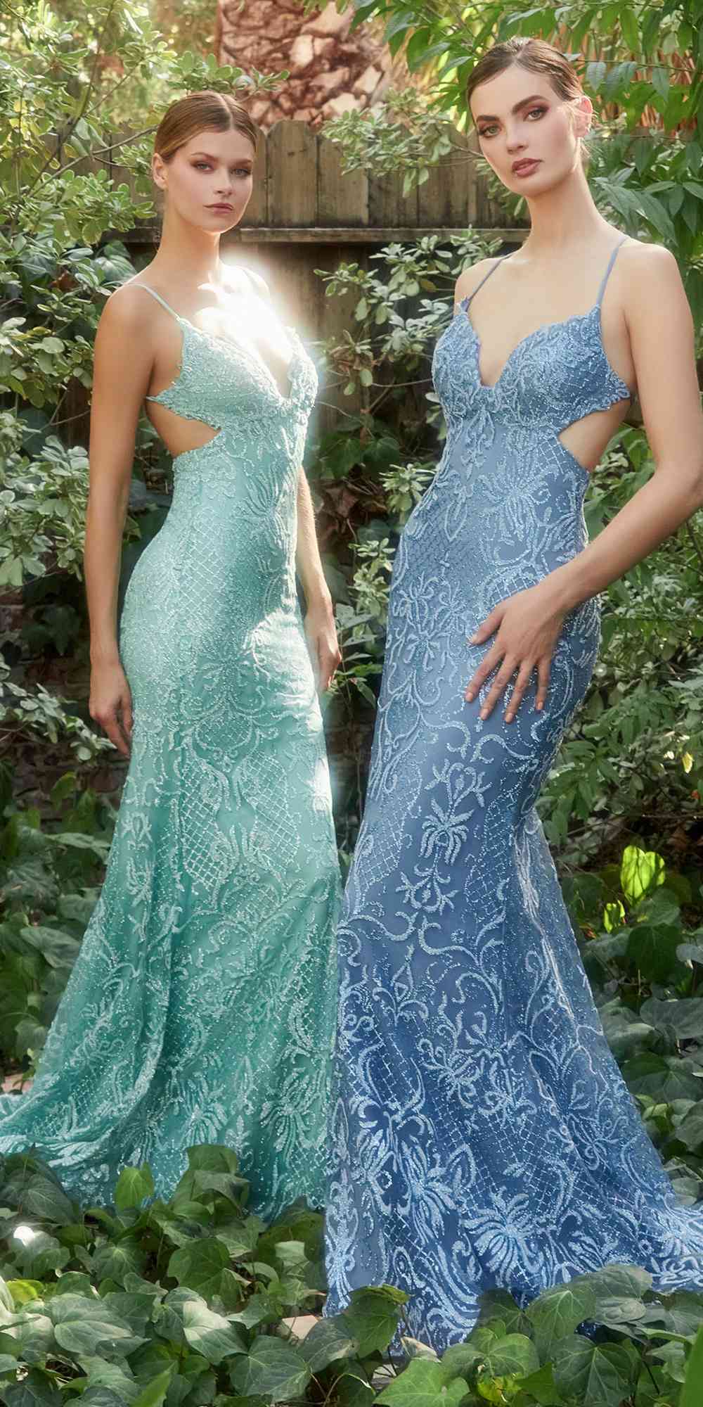 Teal and periwinkle blue lace backless mermaid gowns with V necks, long fitted.