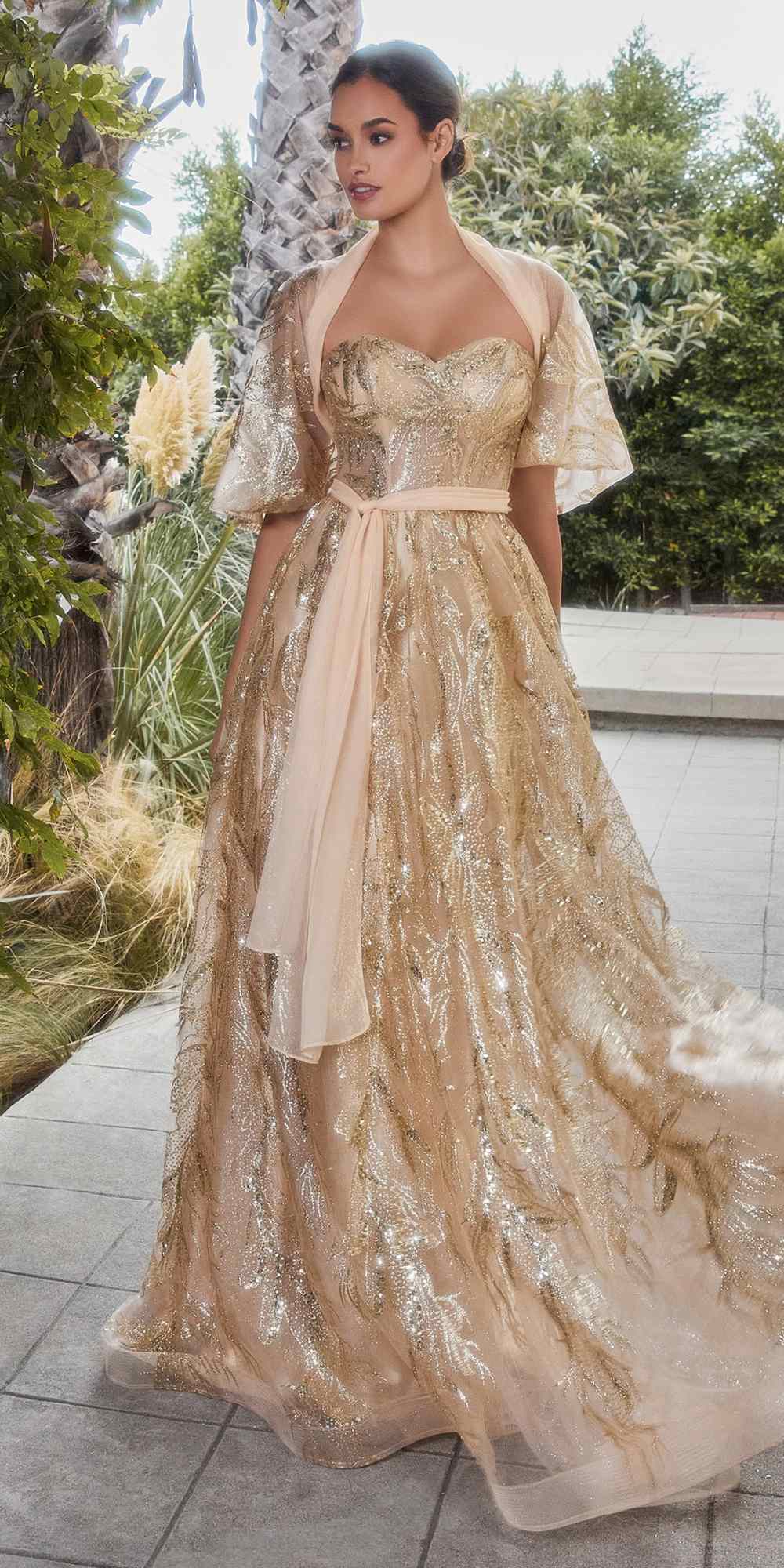 Shimmer leaf motif ball gown with matching shawl, champagne gold, corset bodice
