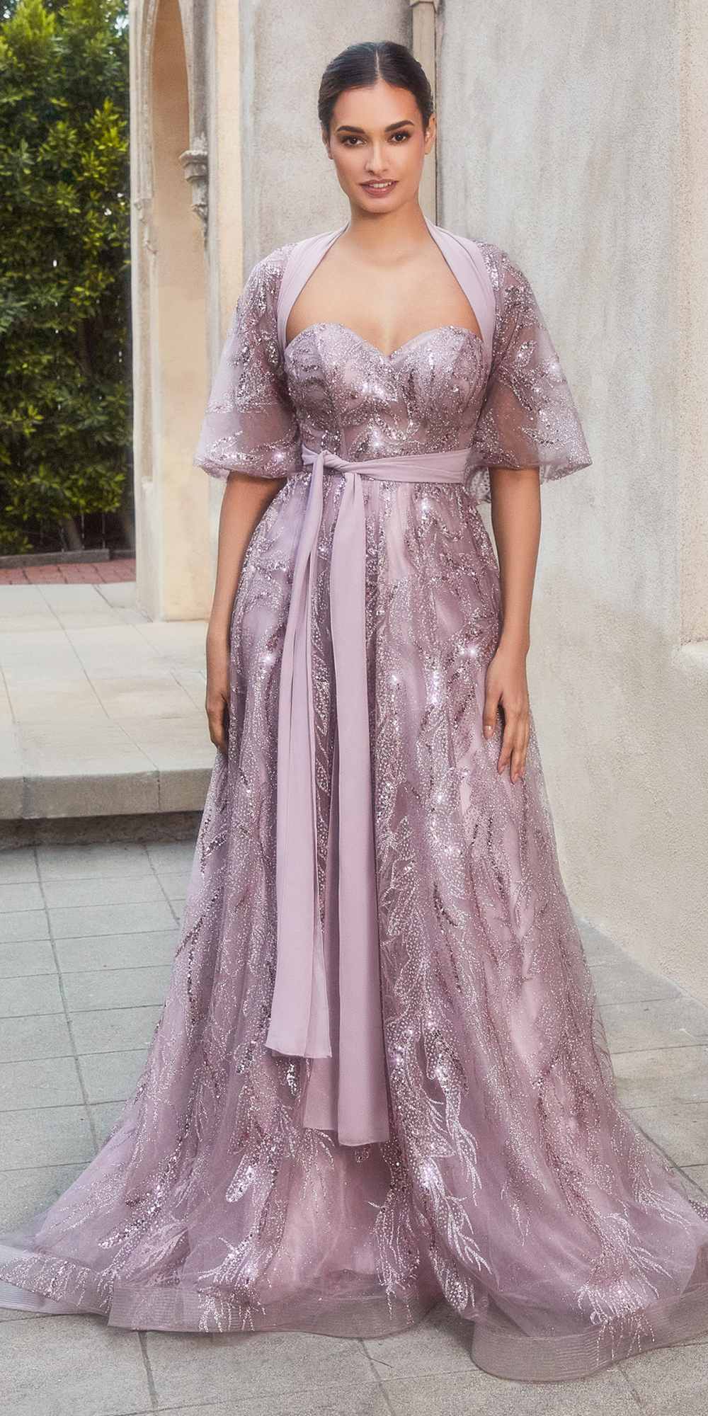 Shimmer leaf motif ball gown with matching shawl, dusty mauve, corset bodice