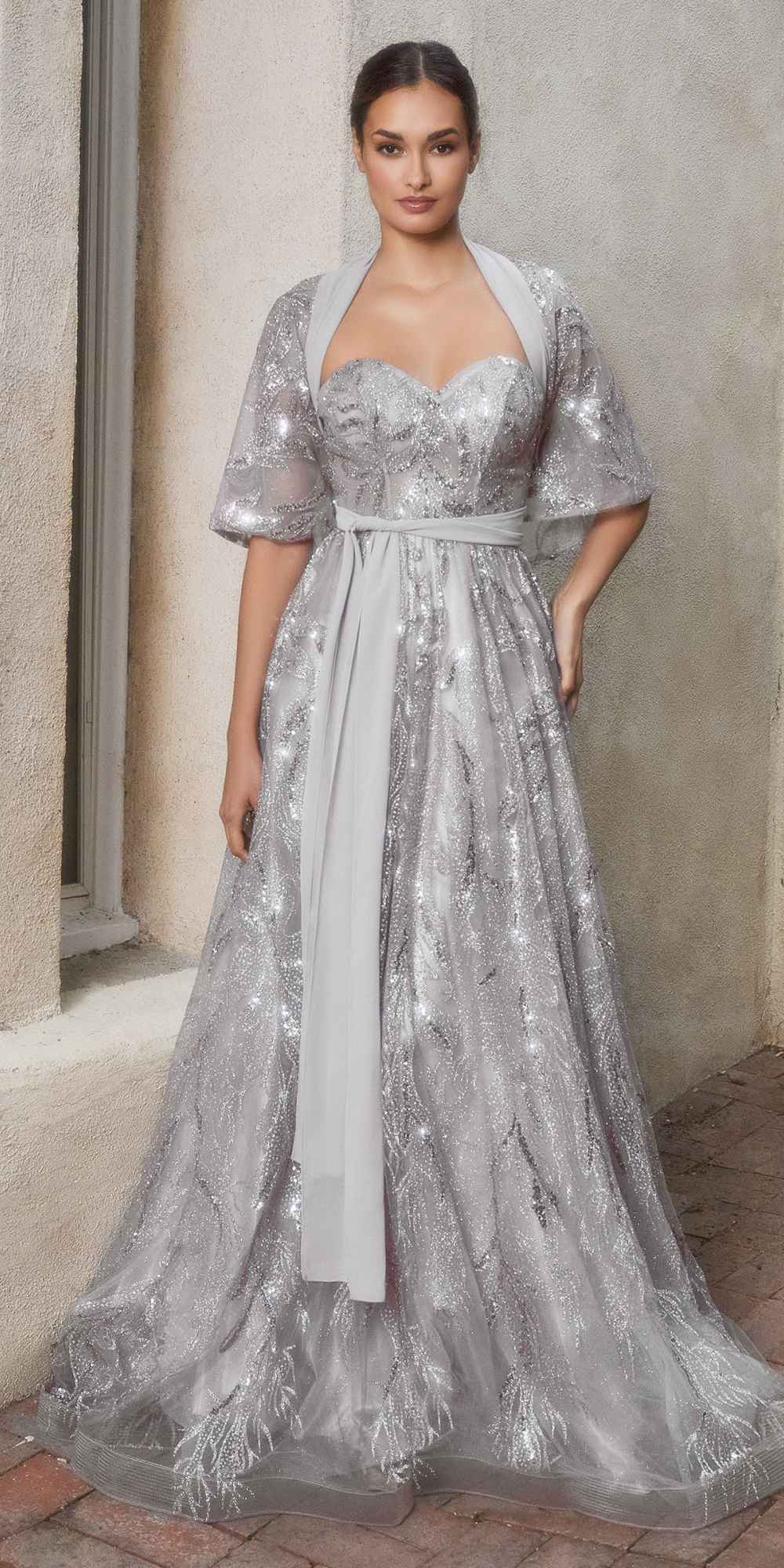 Shimmer leaf motif ball gown with matching shawl, silver-gray, corset bodice