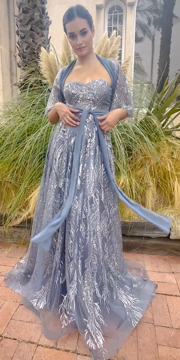 Shimmer leaf motif ball gown with sheer shawl, smokey blue, long A-line skirt