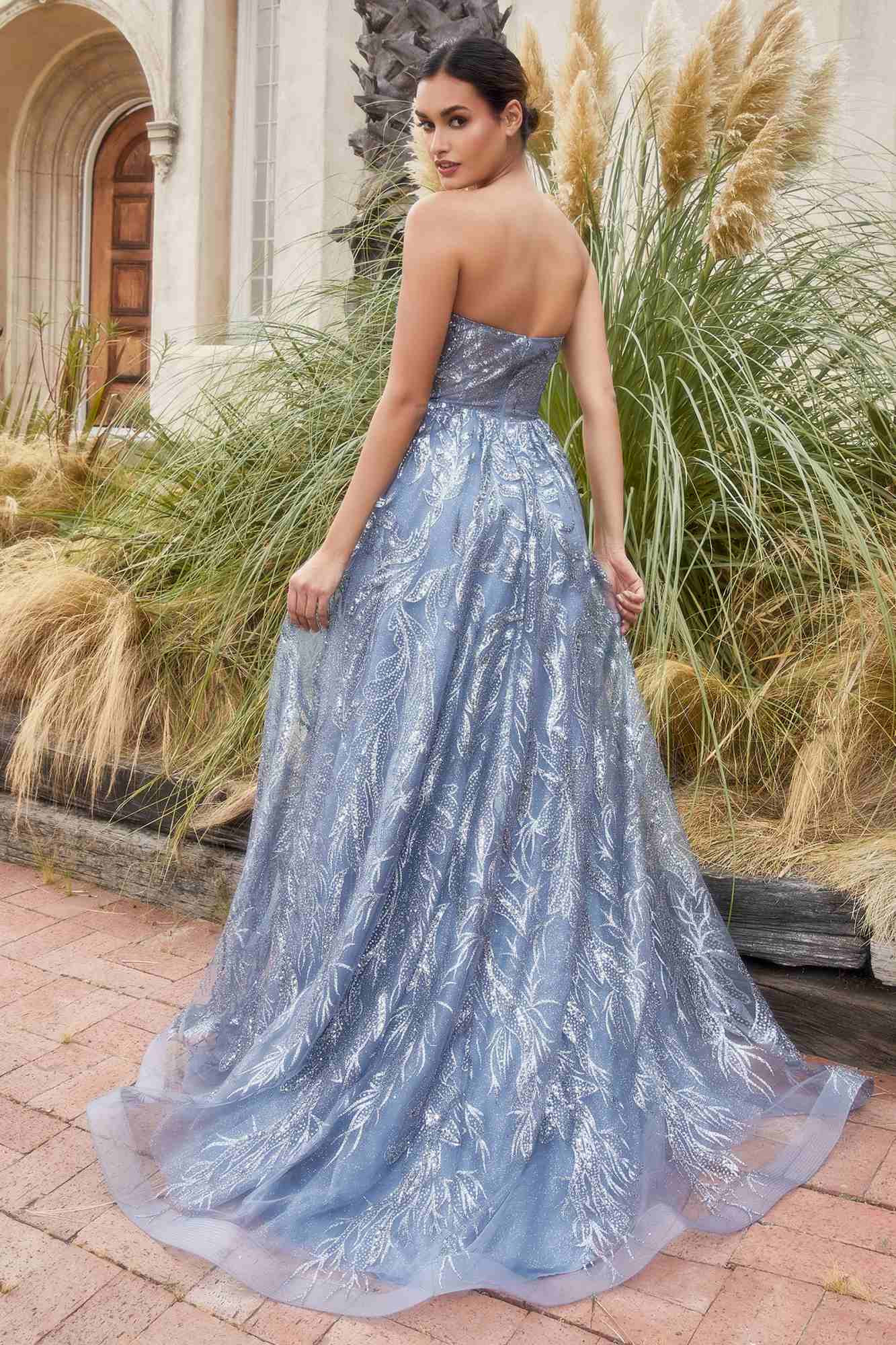 Shimmer leaf motif ball gown with thin straps, light blue, full tulle skirt