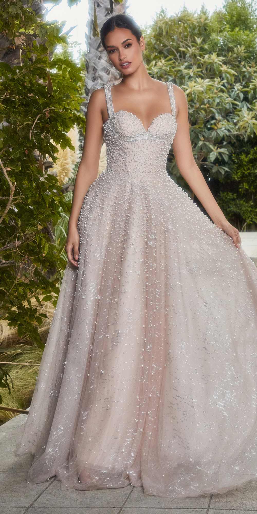 Blush long ball gown with crystal spaghetti straps and sparkling embellished bodice