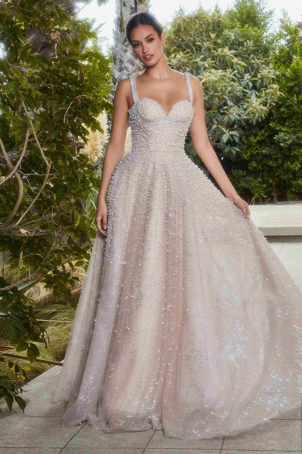 Blush long ball gown with sweetheart neckline, crystal straps, and sparkling skirt