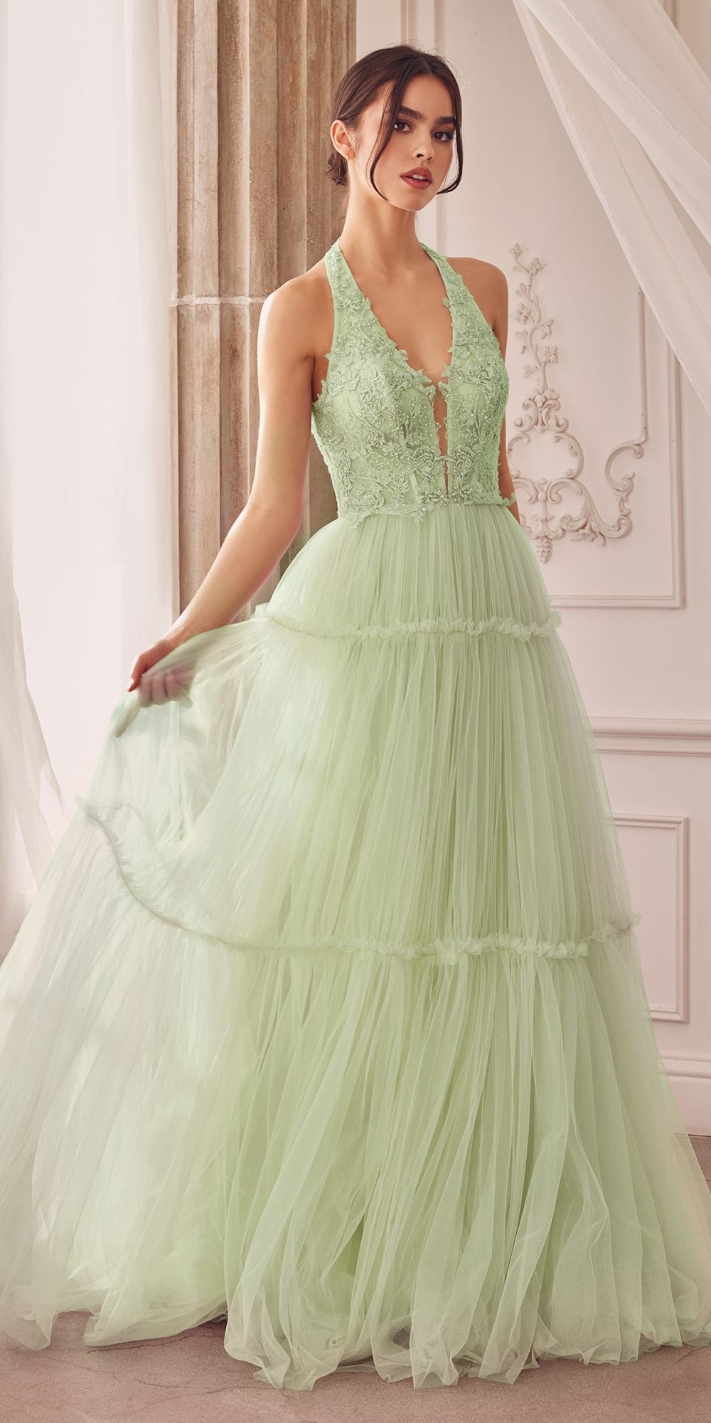 Greenery lace halter A-line gown with tiered skirt and layered tulle ruffles